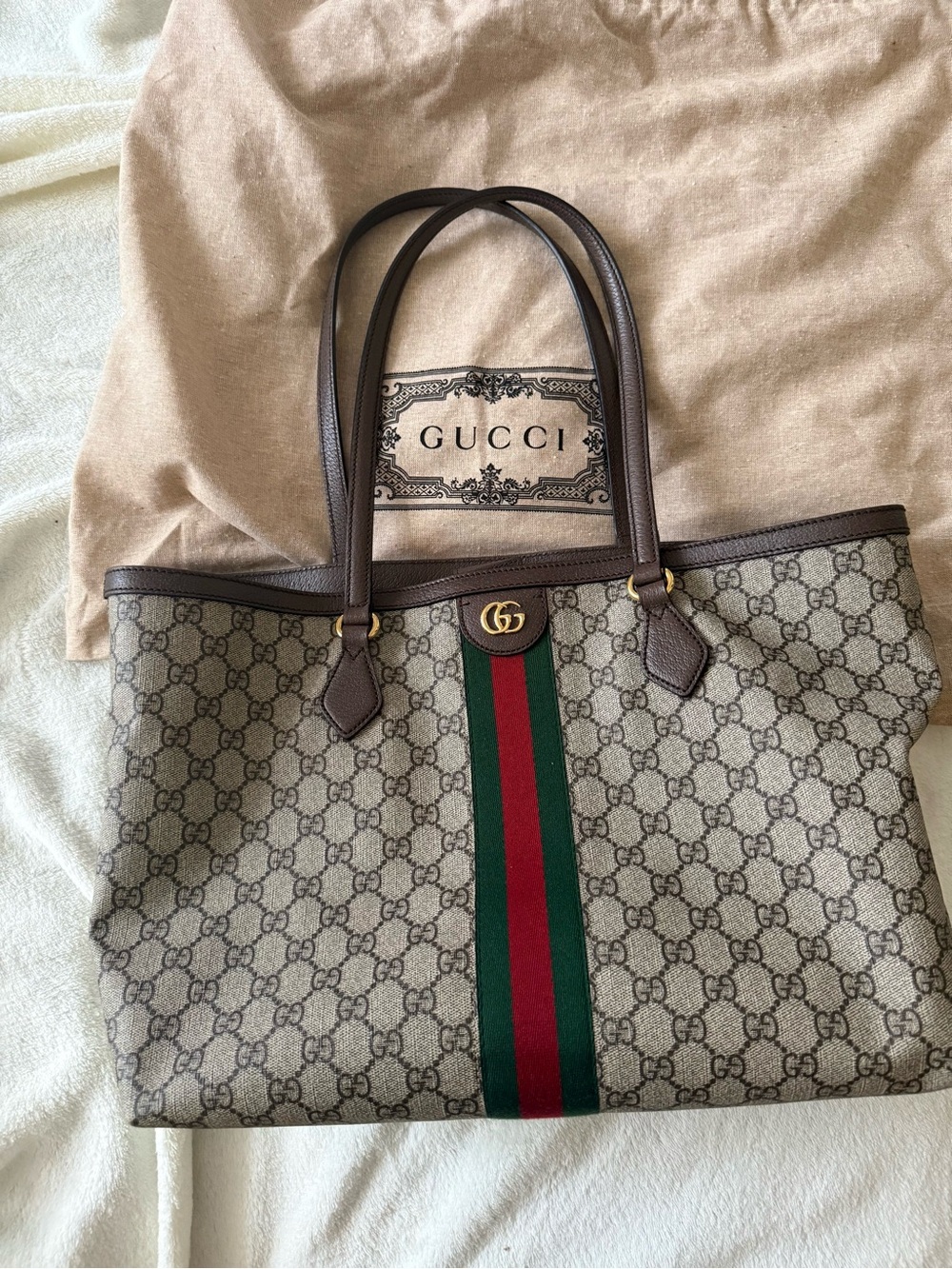 GUCCI Ophidia GG Supreme Web Soft Medium Tote Bag Beige Ebony 547947
